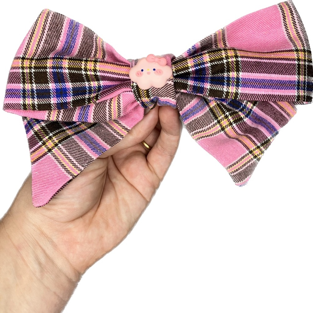 Bow Hair Clip Pink Plaid One Size